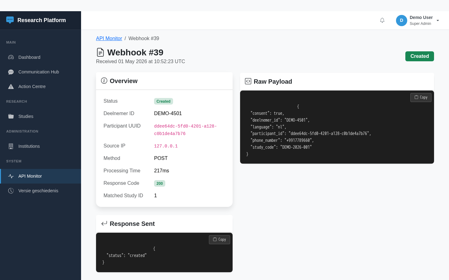 API monitor showing webhook events with a raw JSON payload drill-down for a delivered WhatsApp message
