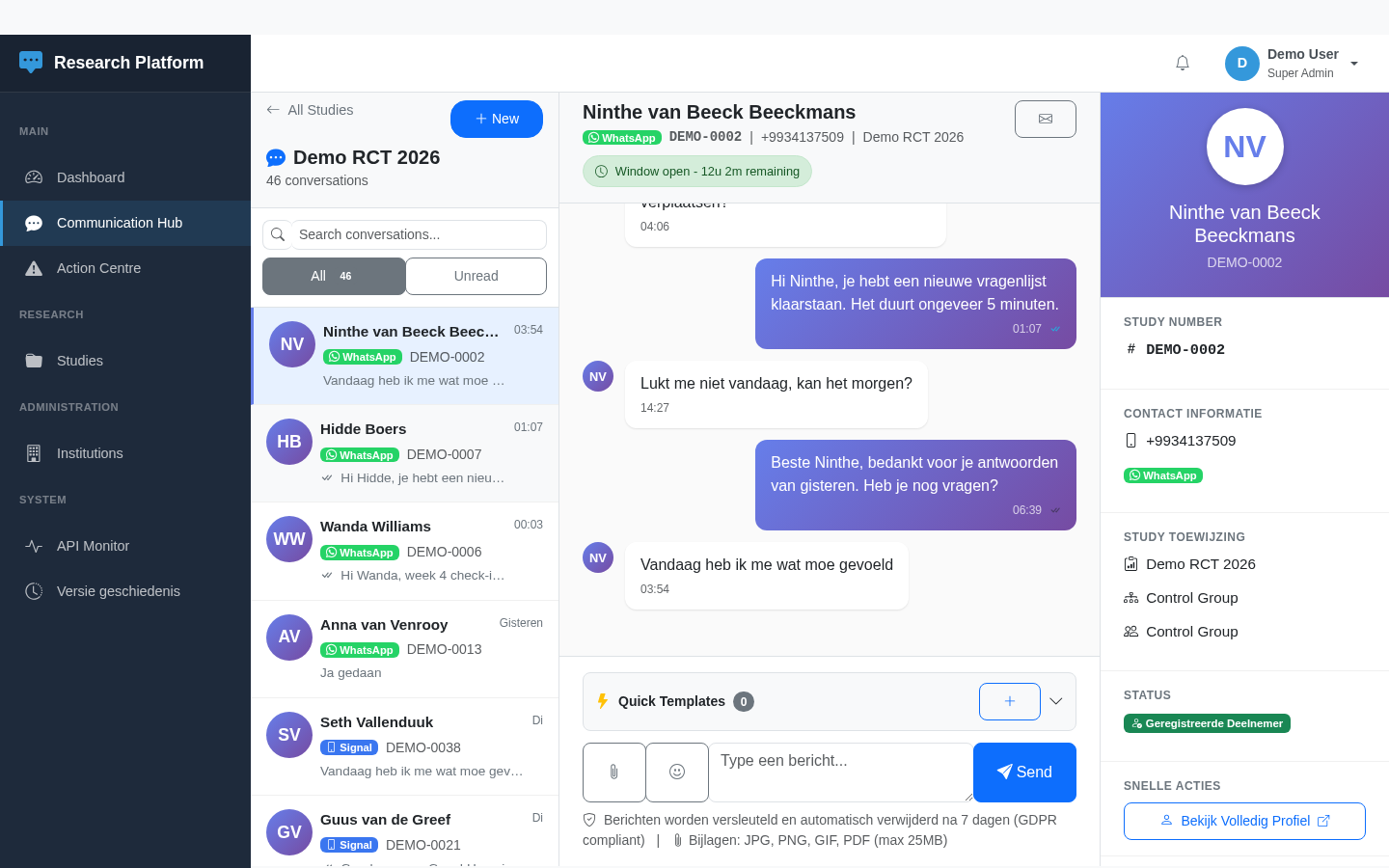 Communication Hub interface showing a conversation thread between researcher and participant via WhatsApp channel, with a 24-hour message-window indicator